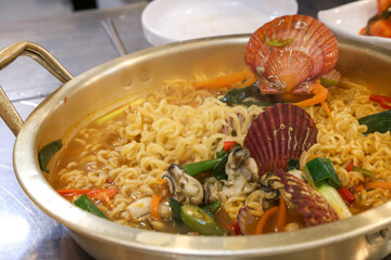 Seafood added to Korean instant ramen. Seafood Ramen