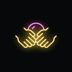 Neon sign of two hands holding a crystal ball glowing on a dark background