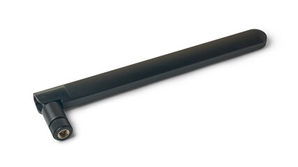 close-up of black detachable fiber optic wifi router antenna isolated white background, with SMA...