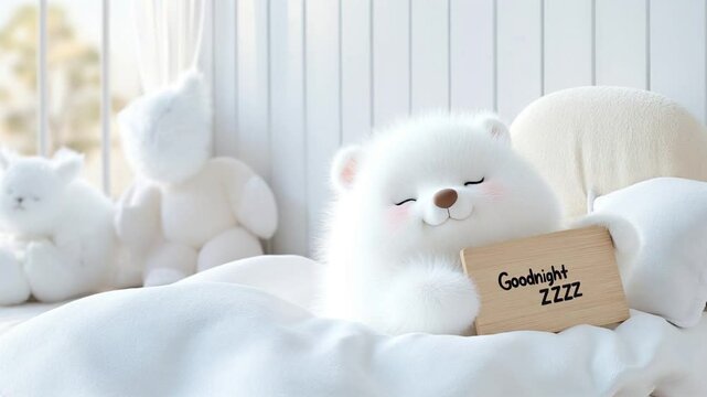 Adorable white fluffy bear sleeping soundly in bed, holding a goodnight zzzz sign, perfect for bedtime stories and children's content