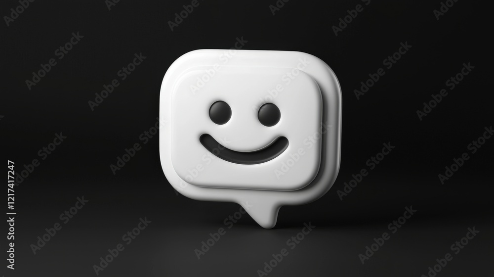 Poster white speech bubble with a smiling face on a dark background, representing communication and positiv
