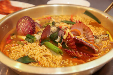 Seafood added to Korean instant ramen. Seafood Ramen