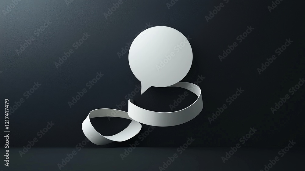 Poster minimalist speech bubble concept with curved ribbon on dark background for communication and express