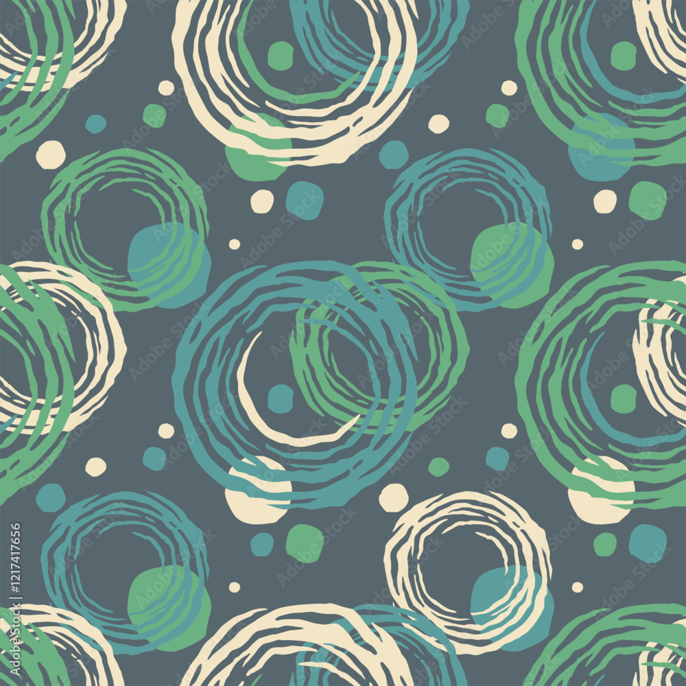 Poster abstract seamless pattern with circles and spirals, drawn style
