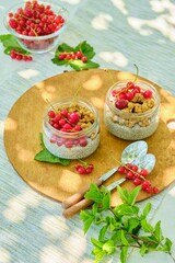 Breakfast or dessert, chia pudding with granola and fresh redcurrant berries in glass jars on light concrete background. Chia seed pudding recipes. Healthy food.