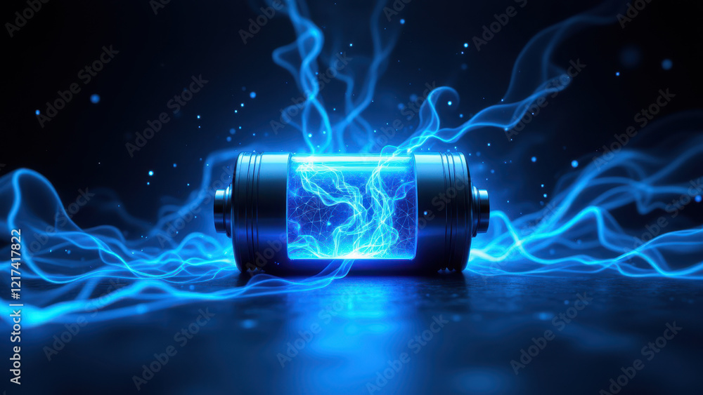 Poster an intense image featuring a glowing metallic object surrounded by dynamic blue electrical energy.