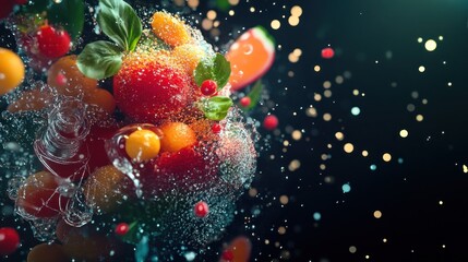 Vibrant fruits and water splash explosion.