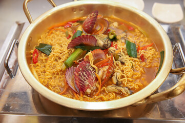 Seafood added to Korean instant ramen. Seafood Ramen