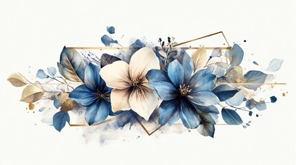 Blue, gold floral arrangement, geometric frame, watercolor, invitation
