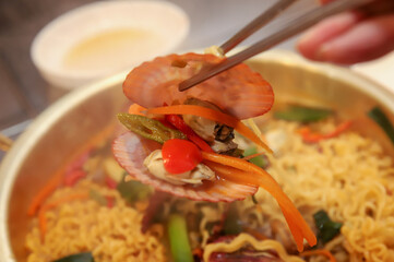 Seafood added to Korean instant ramen. Seafood Ramen