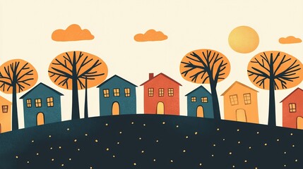 Obraz premium Stylized whimsical landscape with colorful houses and abstract trees on a hill design