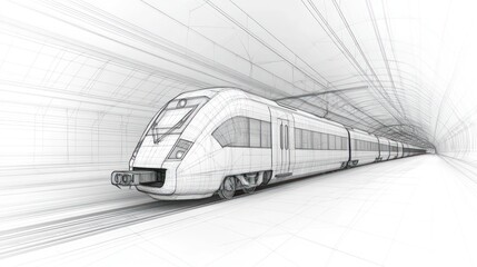 Wireframe high-speed train entering tunnel.