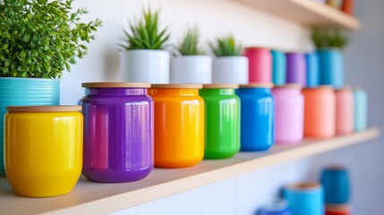Colorful Storage Jars and Pots - Brightly colored storage jars with wooden lids and matching colorful plant pots arranged on wooden shelves.