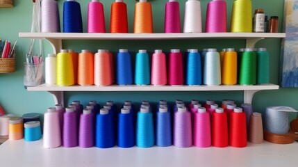 Fototapeta premium Colorful Thread Spools on Shelves - Vibrant collection of colorful thread spools neatly organized on white shelves, showcasing a variety of shades and textures.
