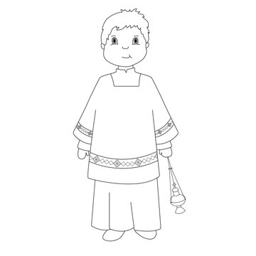 El ni&ntilde;o vestido de monaguillo con el incensario en la mano. Ilustraci&oacute;n en blanco y negro.