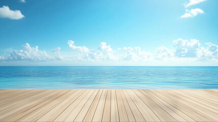 Fototapeta premium empty wooden flooring deck in front and blue summer sky with clouds , wooden pier on the beach