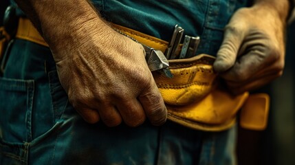 Close-up of worker's hands on tool belt.