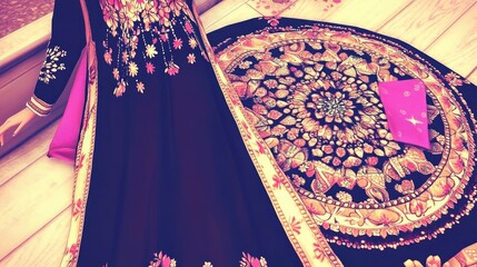 Black embroidered dress on ornate rug, indoor setting, bridal preparation.  Wedding fashion