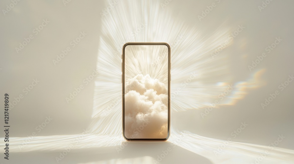 Aufkleber modern smartphone display with cloudy sky and light rays on minimalist background for creativity and