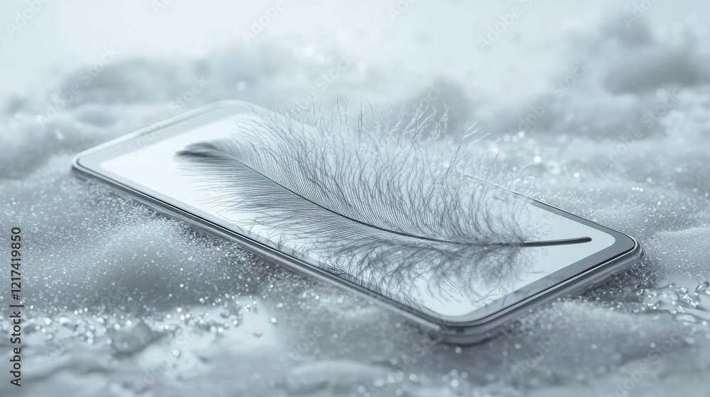 Aufkleber elegant soft feather on a glossy smartphone surface surrounded by gentle foam and water droplets in 