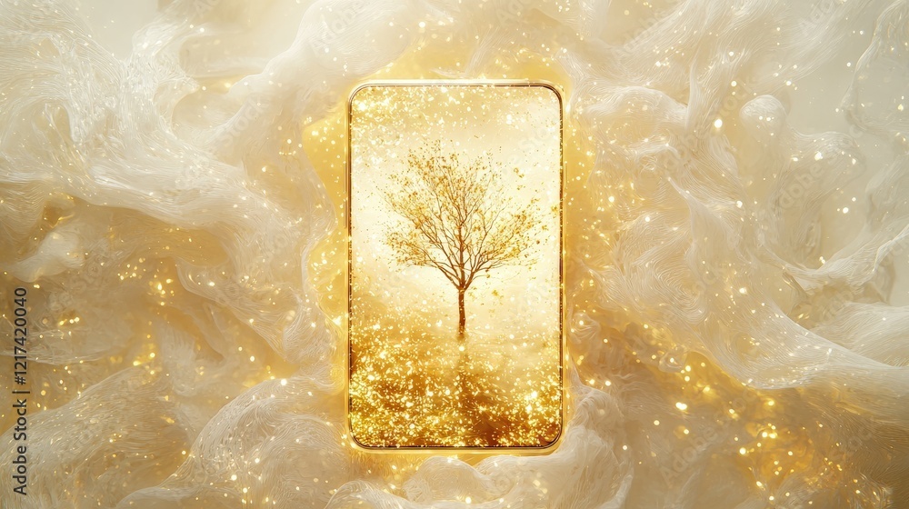 Poster sparkling golden tree in a dreamy atmosphere with glowing particles and mist surrounding a smartphon