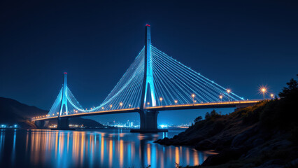 Obraz premium A night scene with a bridge featuring illuminated cables and lit-up towers over a body of water.