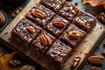  pecan caramel bars with chocolate drizzle and pecans