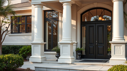 Obraz premium Elegant Home Exterior with Classic Columns and Black Door. Luxury Real Estate, Grand Entrance, and Architectural Design. High-end Residential Property.