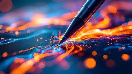 At the precise moment of contact a metallic stylus tip meets a glossy digital surface