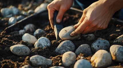 Hands placing grey stones in soil.