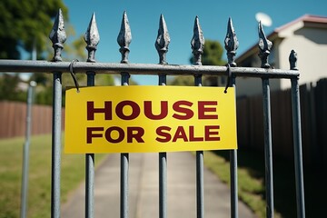 House for sale, A vibrant yellow sign reading 'HOUSE FOR SALE' hangs on a wrought iron gate, creating an inviting atmosphere in a suburban neighborhood. real estate, available for selling