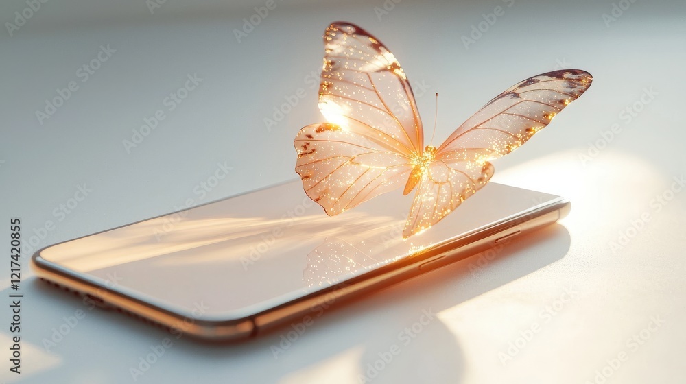 Aufkleber elegant butterfly floating above modern smartphone with soft light and sparkling details in a minima