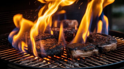 Sizzling steaks cooked on a grill, flames dancing around, creating a delicious and smoky atmosphere perfect for a summer barbecue.
