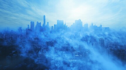 Fototapeta premium Contrast of clear blue sky meeting a thick smog layer above a city, dramatic environmental and air pollution message.