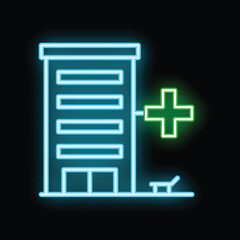 Obraz premium Neon sign depicting a hospital building with a green cross and stretcher, symbolizing healthcare and medical services