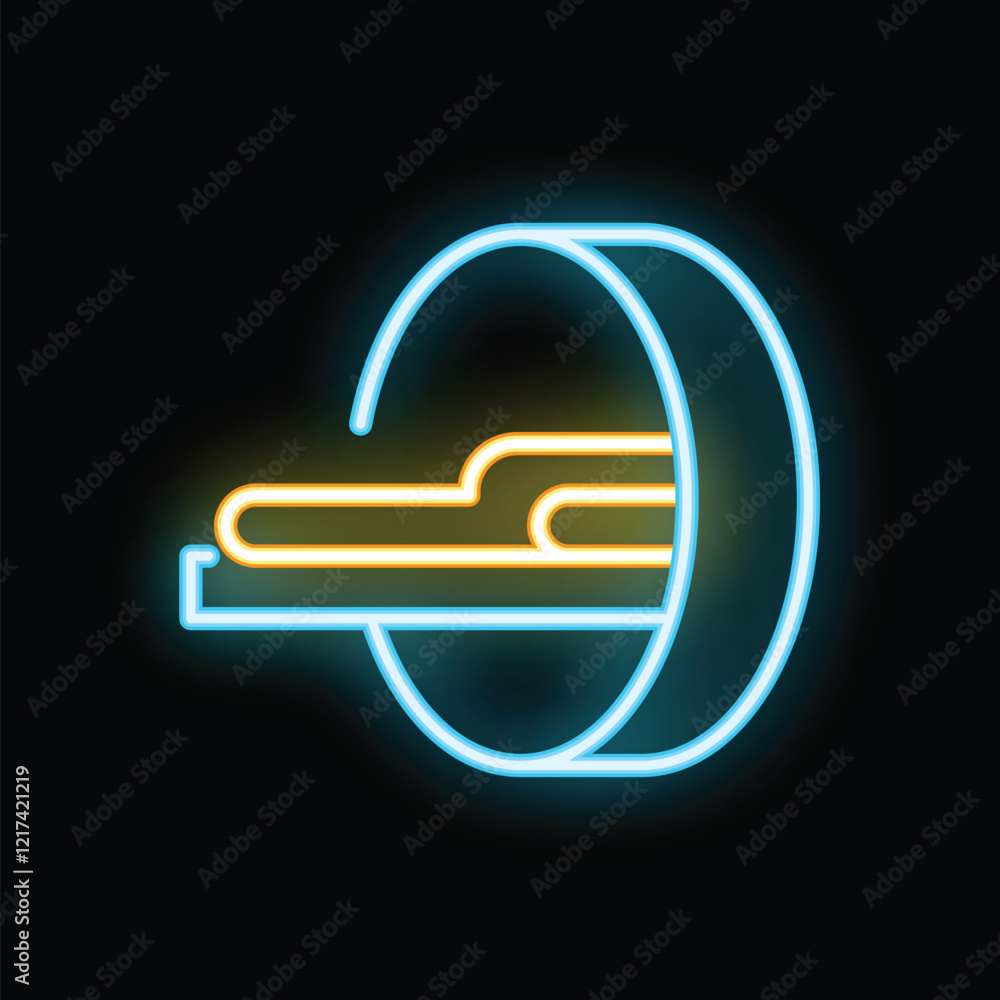 Poster glowing neon icon representing a ct scan procedure with a patient lying on a moving bed entering a c