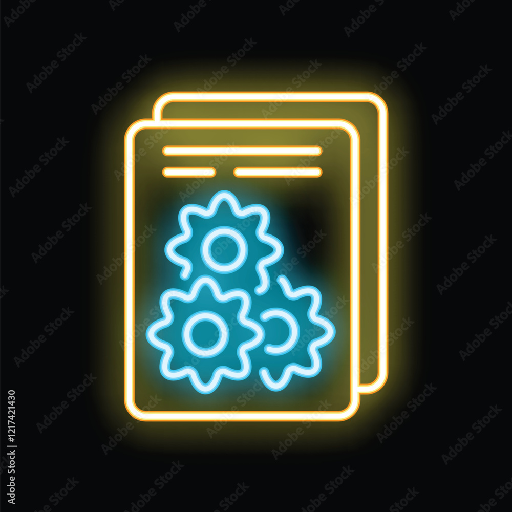 Aufkleber glowing neon icon of documents with gears, representing project management and process automation
