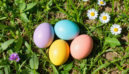 Pastel Easter eggs resting on grass with daisies, festive springtime
