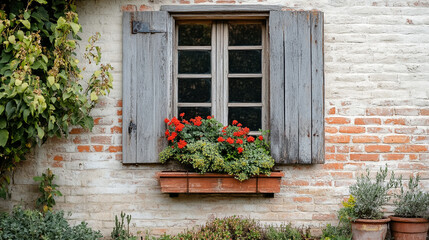 Bright red flowers in a wooden window box of a rustic house