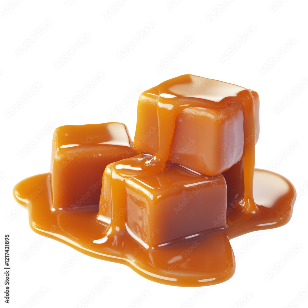 Poster Three glossy caramel cubes are shown with melted caramel dripping down and pooling around them on a black background.