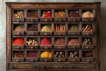 Antique wooden spice rack filled with various colorful and aromatic spices.