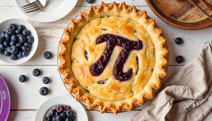 Blueberry pie with π design in cozy kitchen, celebrating Pi Day