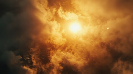 Fototapeta premium Dramatic shot of a sunrise through dense industrial smoke, golden light contrasting with dark pollution, environmental theme.