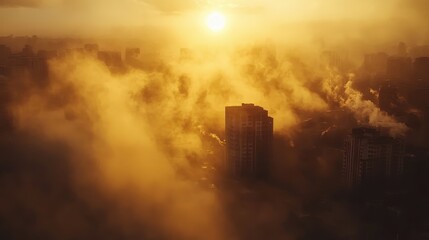 Dramatic shot of a sunrise through dense industrial smoke, golden light contrasting with dark pollution, environmental theme.