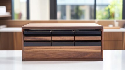 Fototapeta premium Modern Wooden Storage Box with Drawers on Table