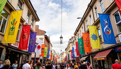Vibrant street festival with colorful banners, lively celebration