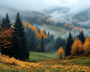 Foggy forest autumn colors green and yellow trees blending into the mist a peaceful meadow stretching towards distant hills under a cloudy sky calm and magical atmosphere