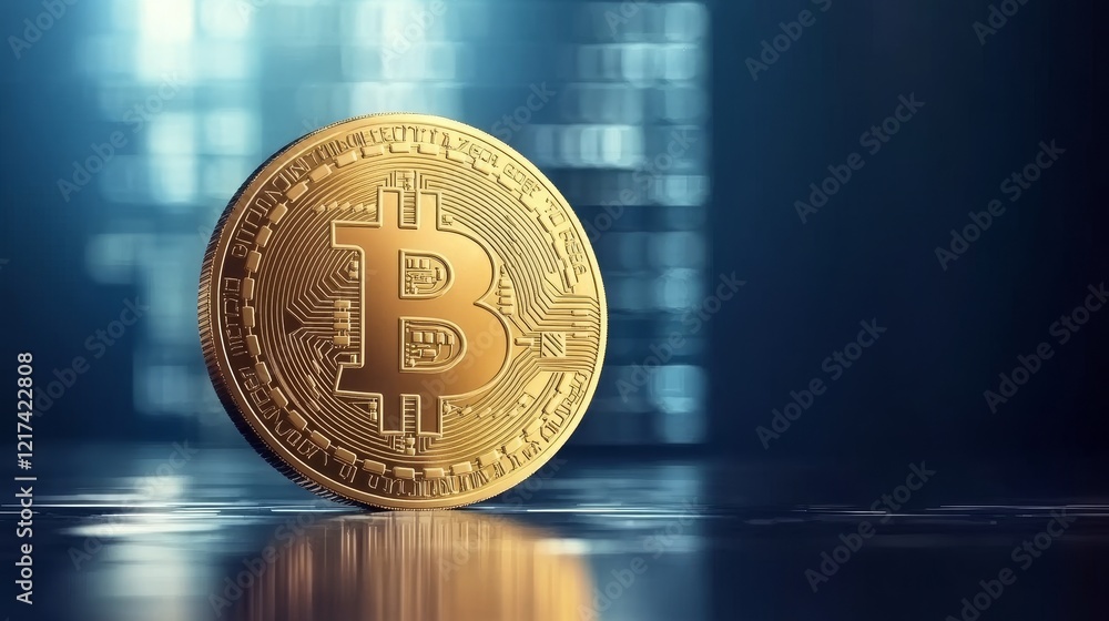Poster digital currency gold bitcoin coin - close-up view of a gold bitcoin cryptocurrency coin, reflecting