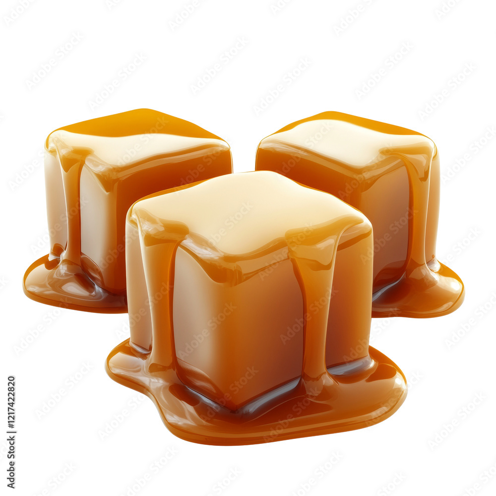 Aufkleber Three glistening caramel candies in cube shapes with melted caramel dripping down, creating a visually appealing image.