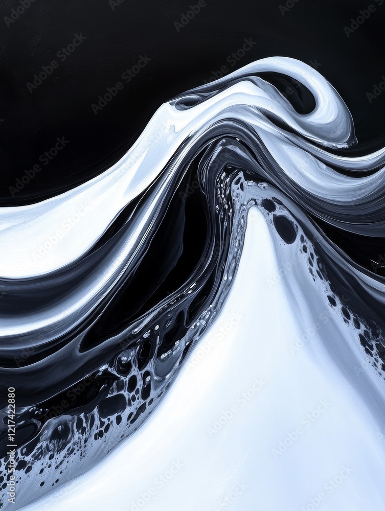Poster dynamic waves of deep black and white hues - abstract art depicting dynamic waves, interplay of ligh